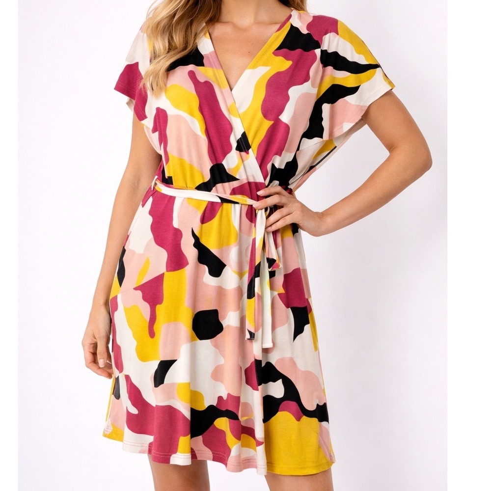 Nine West Abstract Wrap Dress Pink Yellow Black Modern Workwear Size L
